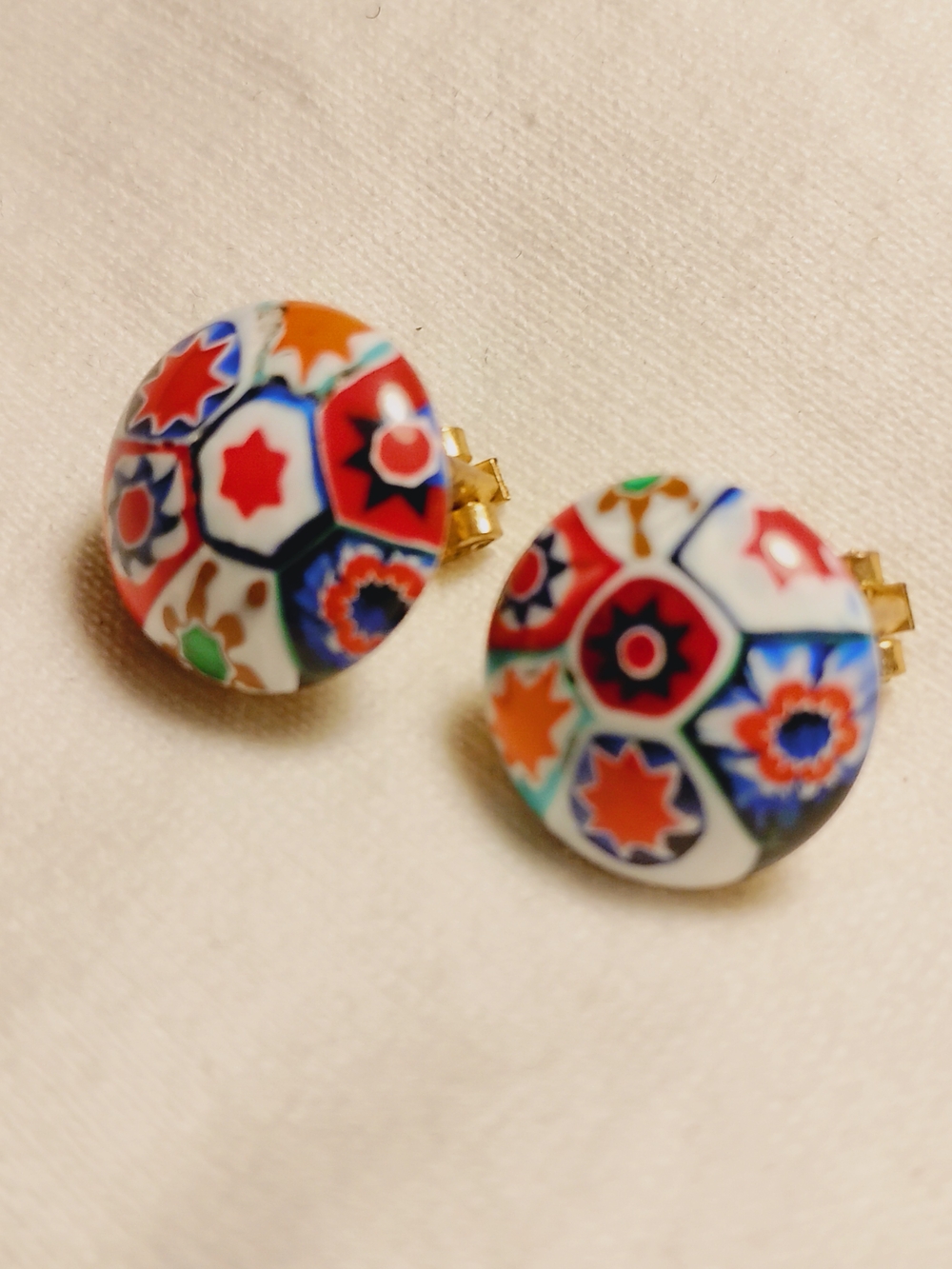 Colorful Millefiori Round Stud Clip On Earrings - White, Red & Blue Etc
